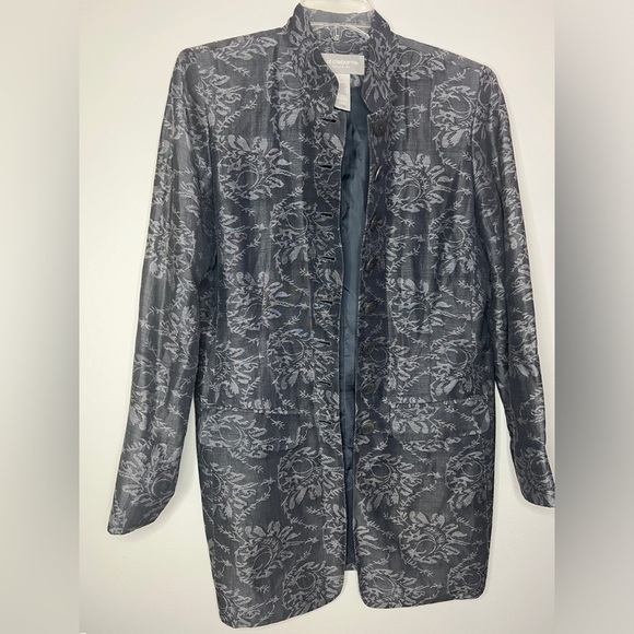 Liz Claiborne Collection Grey Floral Boho Silk Linen Longline Blazer Pockets - Picture 1 of 7